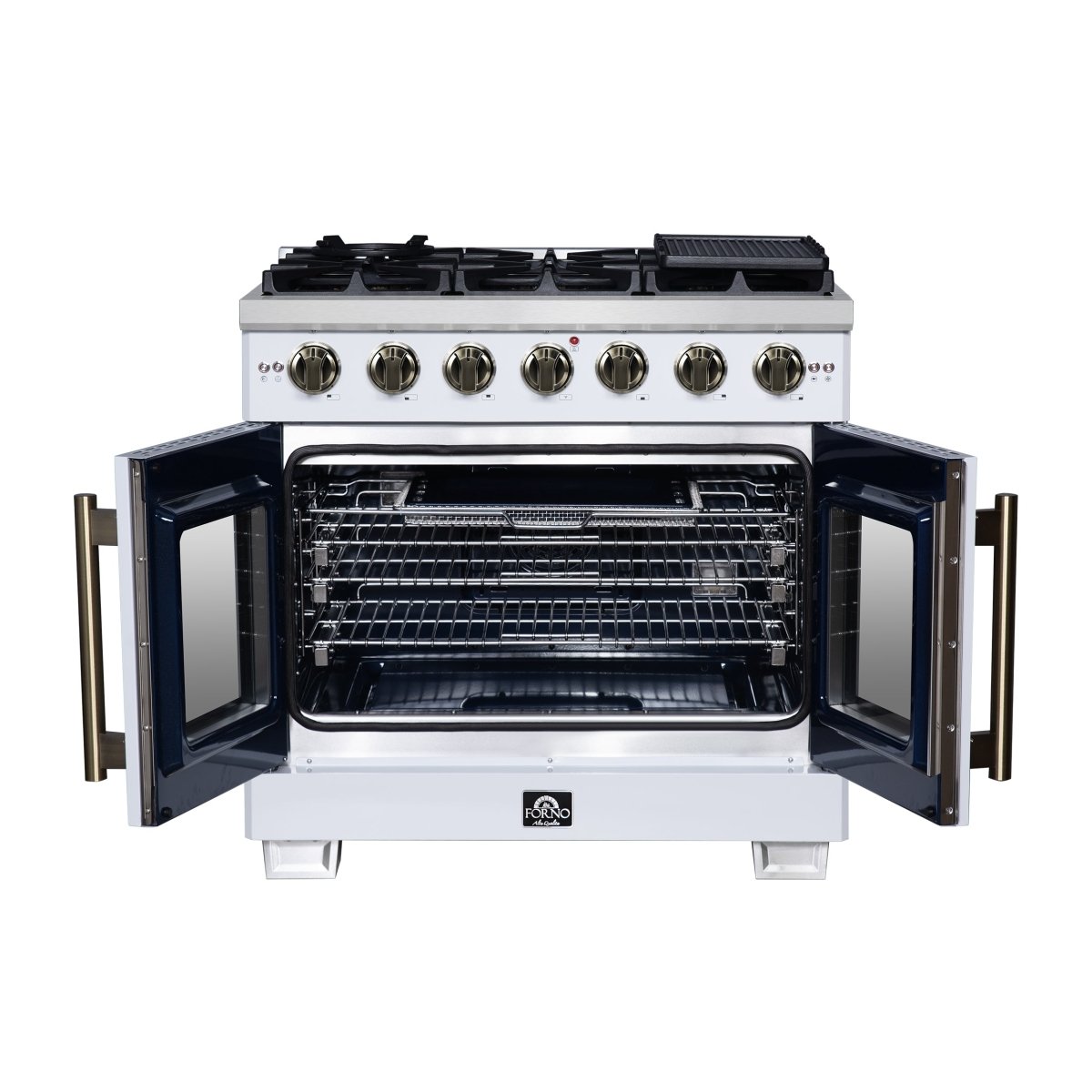 Forno Capriasca 36-Inch White Freestanding French Door Gas Range, 6 Burners, Convection Oven, Energy Efficient - BonPrix Électroménagers