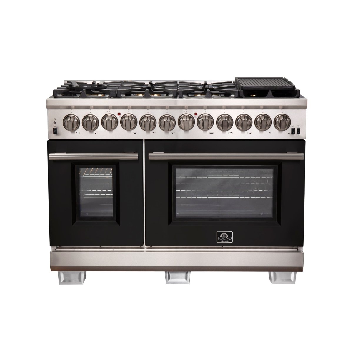 Forno Capriasca 48-Inch Freestanding Dual Fuel Range, 8 Burners, True Convection Oven, Black Doors - BonPrix Électroménagers