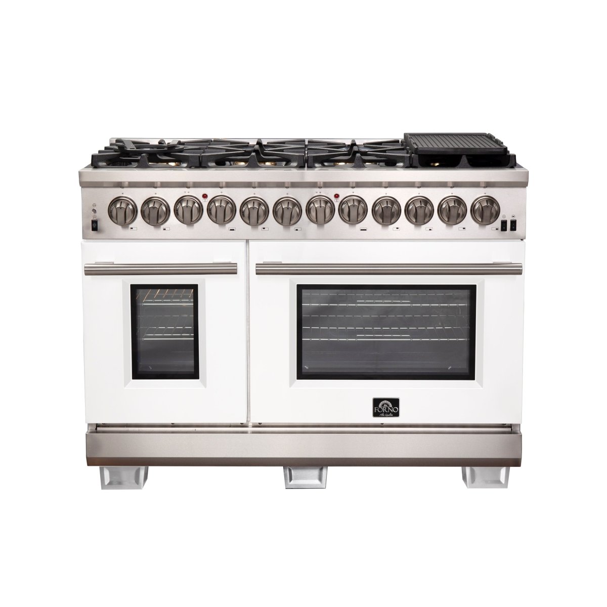 Forno Capriasca 48-Inch Freestanding Dual Fuel Range, 8 Burners, True Convection Oven, White Doors - BonPrix Électroménagers
