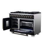 Forno Capriasca 48 Inch Freestanding French Door Dual Fuel Range in Black with Antique Brass Accessories, 8 Burners, True Convection Oven - BonPrix Électroménagers