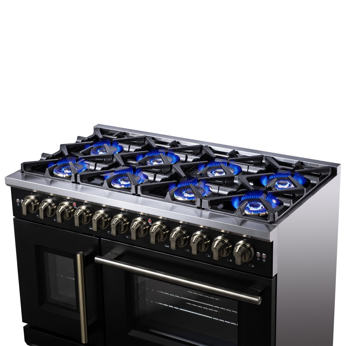 Forno Capriasca 48 Inch Freestanding French Door Dual Fuel Range in Black with Antique Brass Accessories, 8 Burners, True Convection Oven - BonPrix Électroménagers