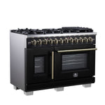 Forno Capriasca 48 Inch Freestanding French Door Dual Fuel Range in Black with Antique Brass Accessories, 8 Burners, True Convection Oven - BonPrix Électroménagers