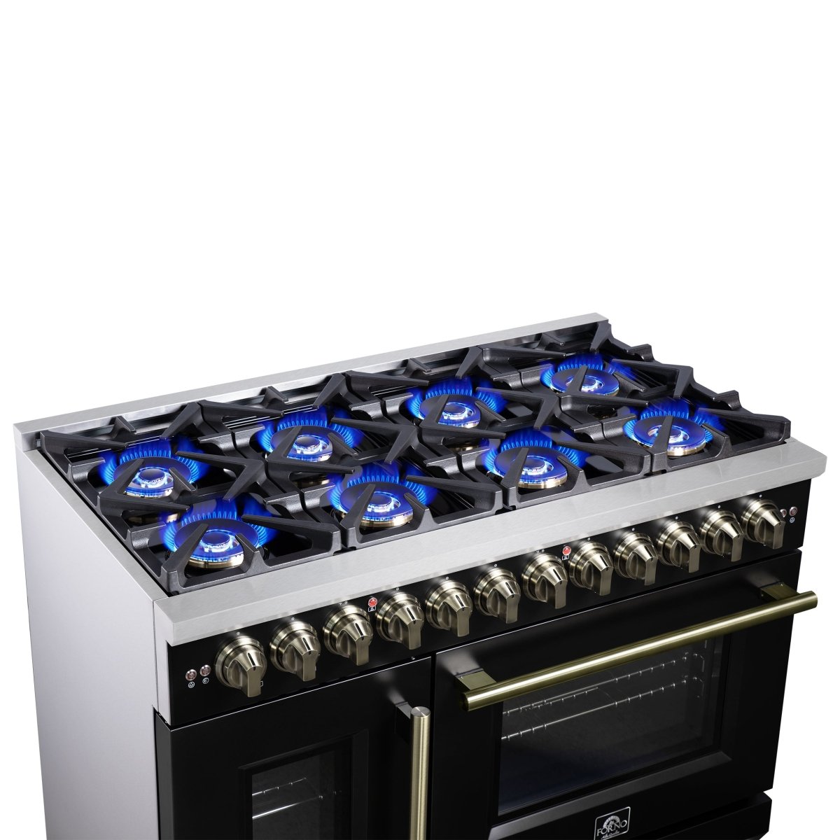 Forno Capriasca 48 Inch Freestanding French Door Dual Fuel Range in Black with Antique Brass Accessories, 8 Burners, True Convection Oven - BonPrix Électroménagers