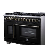 Forno Capriasca 48 Inch Freestanding French Door Dual Fuel Range in Black with Antique Brass Accessories, 8 Burners, True Convection Oven - BonPrix Électroménagers