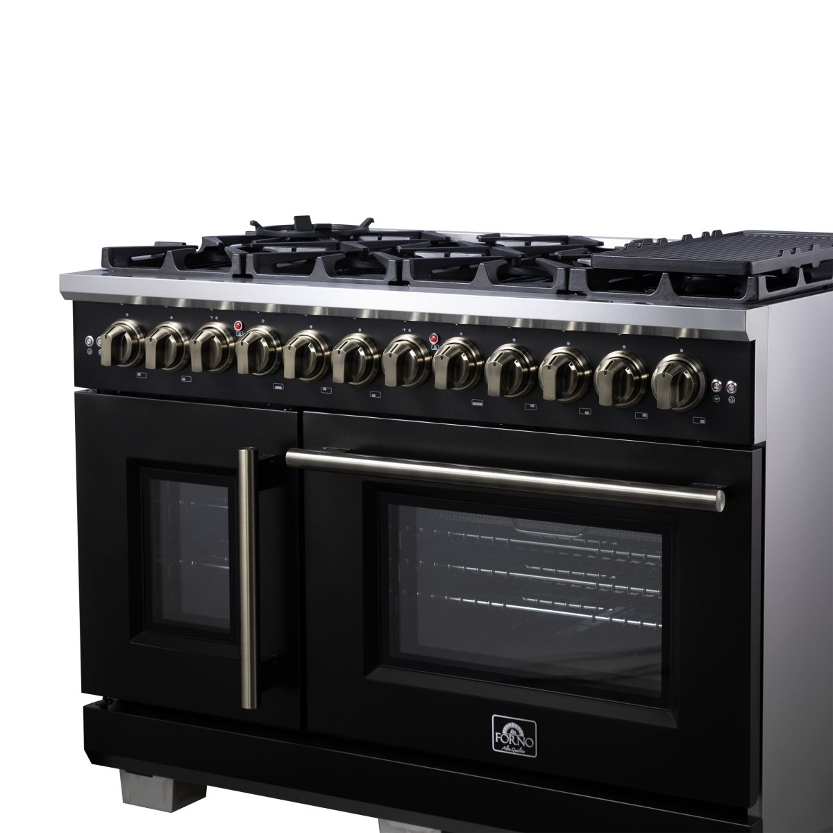 Forno Capriasca 48 Inch Freestanding French Door Dual Fuel Range in Black with Antique Brass Accessories, 8 Burners, True Convection Oven - BonPrix Électroménagers