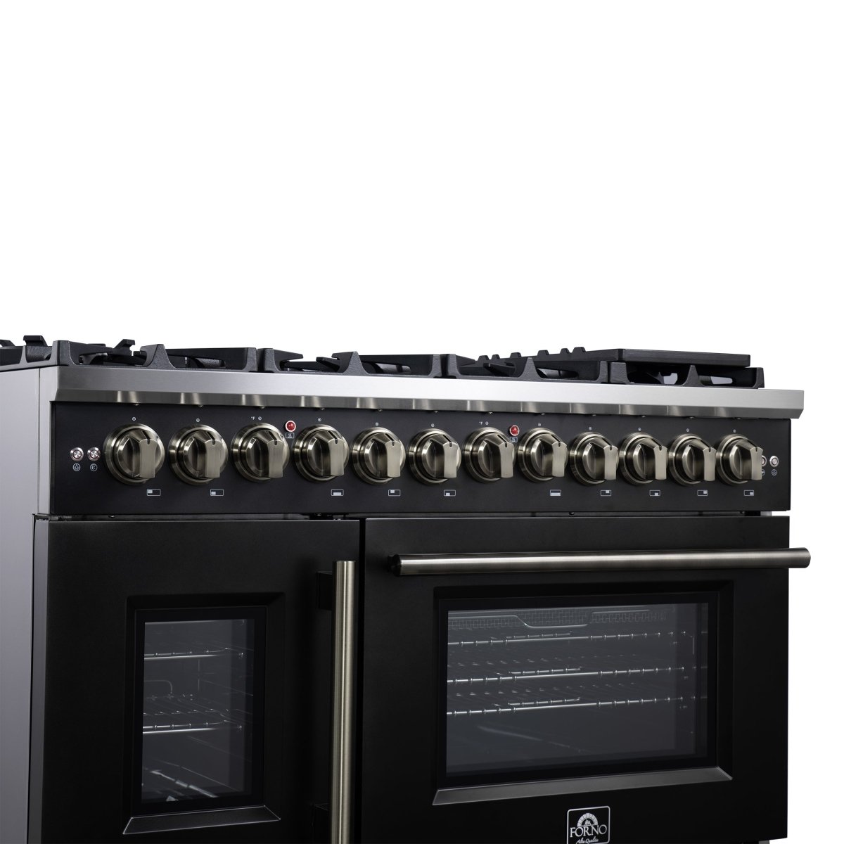 Forno Capriasca 48 Inch Freestanding French Door Dual Fuel Range in Black with Antique Brass Accessories, 8 Burners, True Convection Oven - BonPrix Électroménagers