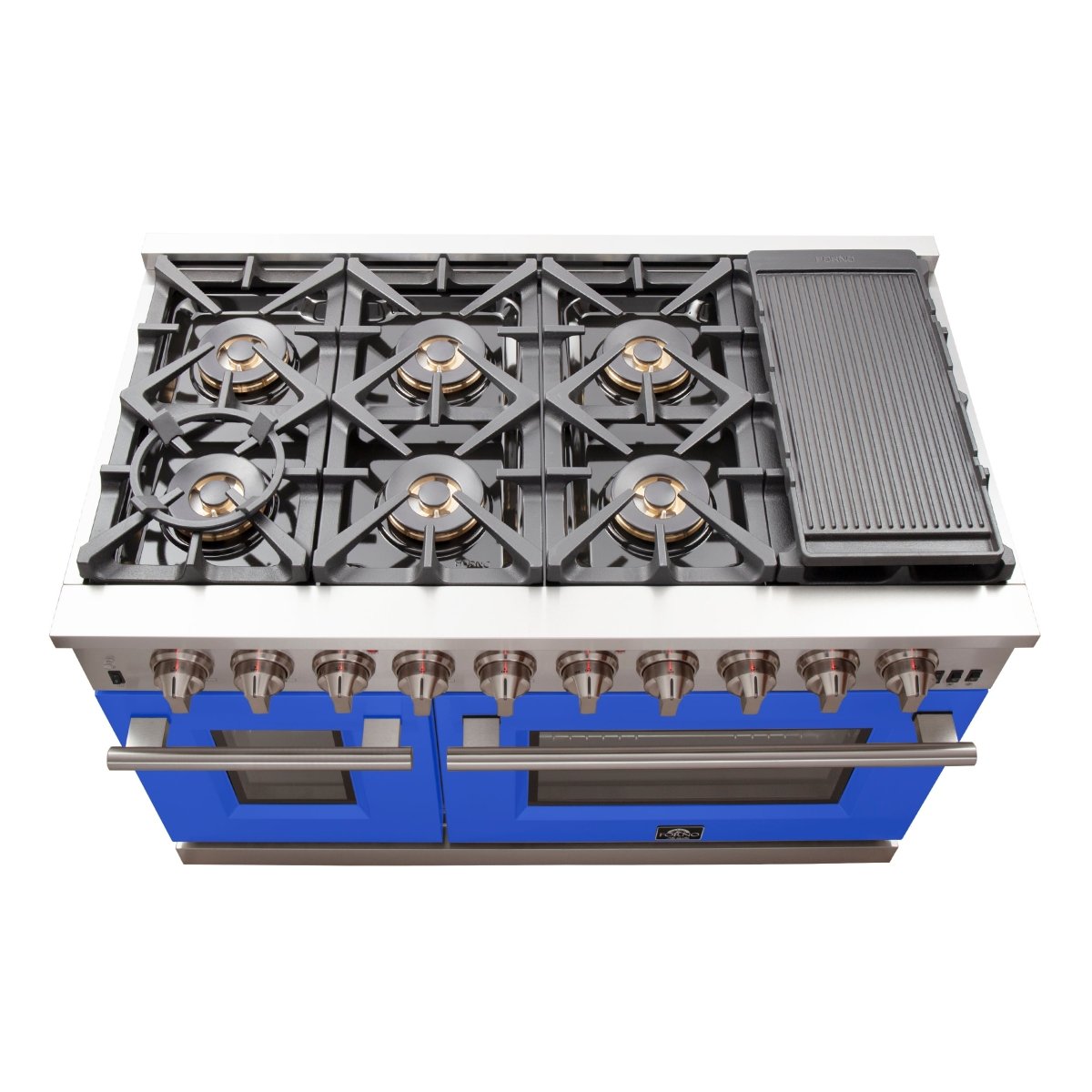FORNO Capriasca 48-inch Gas Range Stainless Steel, 8 Brass Burners 160,000 BTU, 6.58 cu.ft. Double Oven, Blue Doors - BonPrix Électroménagers