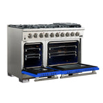 FORNO Capriasca 48-inch Gas Range Stainless Steel, 8 Brass Burners 160,000 BTU, 6.58 cu.ft. Double Oven, Blue Doors - BonPrix Électroménagers