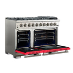 FORNO Capriasca 48-inch Gas Range Stainless Steel, 8 Brass Burners 160,000 BTU, 6.58 cu.ft. Double Oven, Red Doors - BonPrix Électroménagers