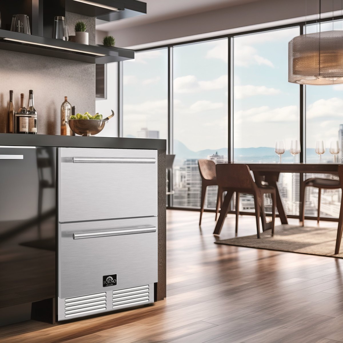 Forno Como 24-Inch Indoor Outdoor Drawer Refrigerator, 4.87 cu.ft, Stainless Steel Interior, Adjustable Shelves, LED Lighting - BonPrix Électroménagers