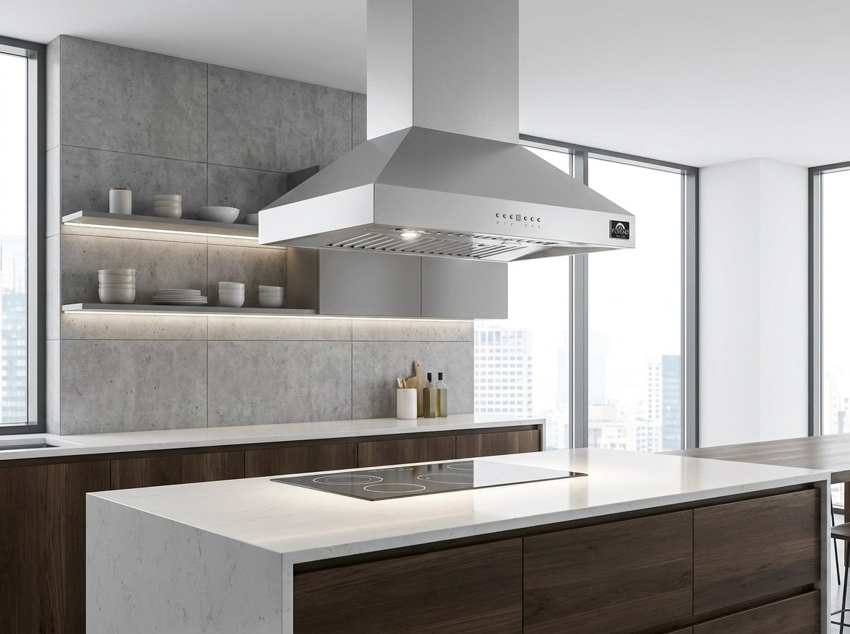Forno Coppito 30-Inch Island Range Hood, Stainless Steel, LED Lighting, Adjustable Fan Speeds - BonPrix Électroménagers
