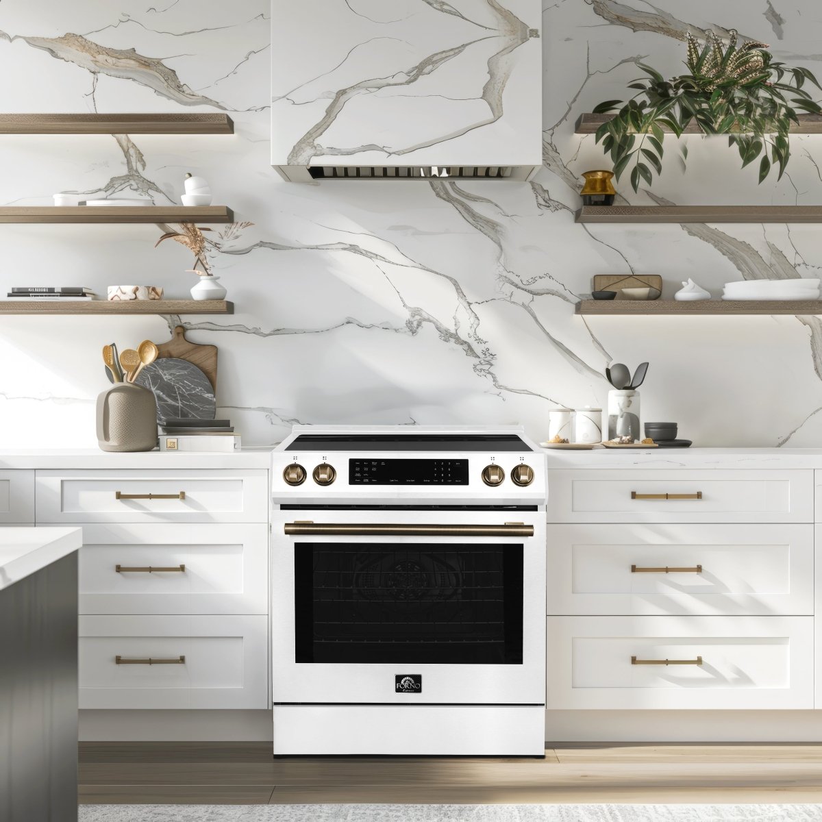 Forno Donatello Espresso 30-Inch Slide-In White Induction Range, Convection Oven, 5 Cooking Zones, Touch Control Panel - BonPrix Électroménagers