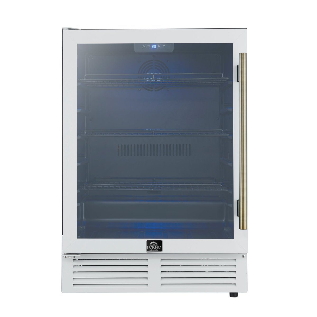 Forno Frescolino 24 Inch Beverage Cooler, White with Antique Brass Handles, with LED Lighting, Triple Glass Door, 188 Can Capacity, Built-In or Freestanding - BonPrix Électroménagers