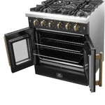 Forno Galiano 30-inch French Door Gas Range Black and Antique Brass Design, 5 Sealed Burners 68,000 BTU, 4.32 cu.ft. Convection Oven - BonPrix Électroménagers