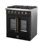 Forno Galiano 30-inch French Door Gas Range Black and Antique Brass Design, 5 Sealed Burners 68,000 BTU, 4.32 cu.ft. Convection Oven - BonPrix Électroménagers