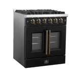 Forno Galiano 30-inch French Door Gas Range Black and Antique Brass Design, 5 Sealed Burners 68,000 BTU, 4.32 cu.ft. Convection Oven - BonPrix Électroménagers