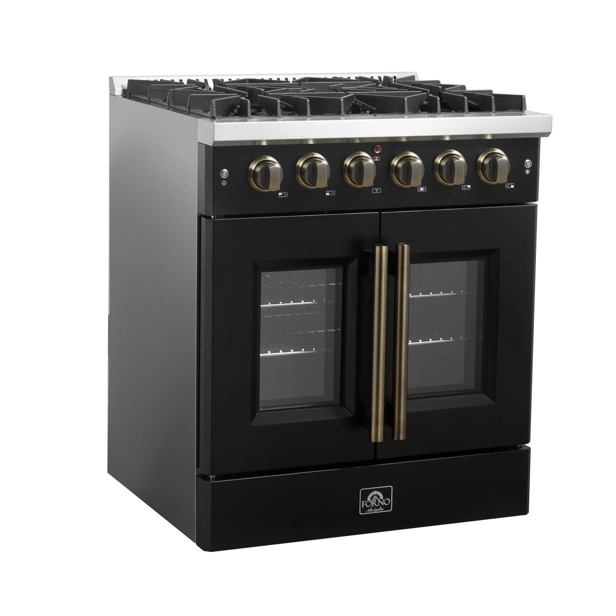 Forno Galiano 30-inch French Door Gas Range Black and Antique Brass Design, 5 Sealed Burners 68,000 BTU, 4.32 cu.ft. Convection Oven - BonPrix Électroménagers