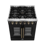 Forno Galiano 30-inch French Door Gas Range Black and Antique Brass Design, 5 Sealed Burners 68,000 BTU, 4.32 cu.ft. Convection Oven - BonPrix Électroménagers