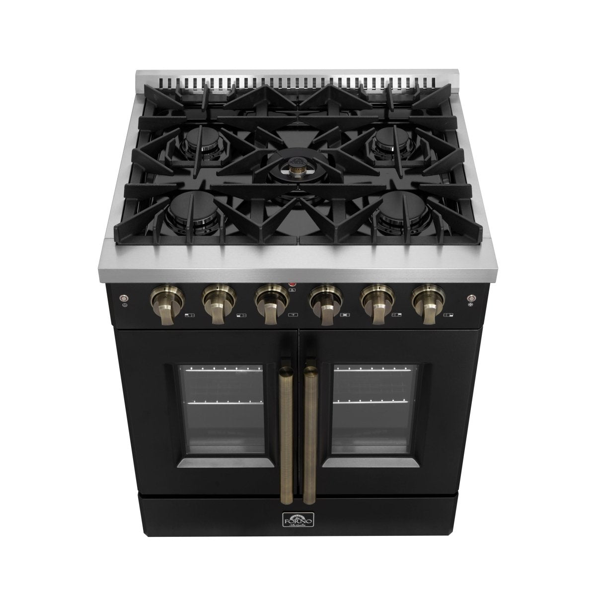 Forno Galiano 30-inch French Door Gas Range Black and Antique Brass Design, 5 Sealed Burners 68,000 BTU, 4.32 cu.ft. Convection Oven - BonPrix Électroménagers