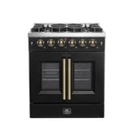 Forno Galiano 30-inch French Door Gas Range Black and Antique Brass Design, 5 Sealed Burners 68,000 BTU, 4.32 cu.ft. Convection Oven - BonPrix Électroménagers