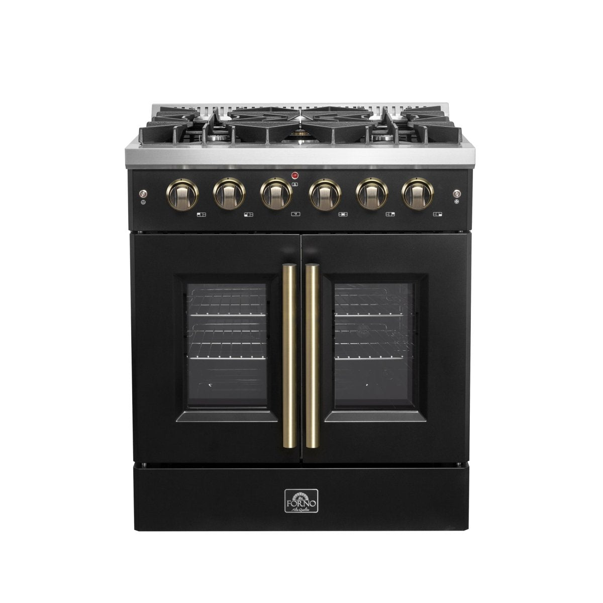 Forno Galiano 30-inch French Door Gas Range Black and Antique Brass Design, 5 Sealed Burners 68,000 BTU, 4.32 cu.ft. Convection Oven - BonPrix Électroménagers
