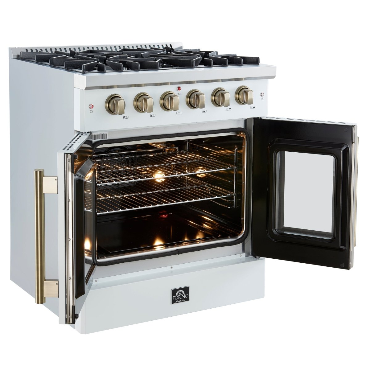 Forno Galiano 30-inch French Door Gas Range White with Antique Brass Design, 5 Burners, 68,000 BTU, 4.32 cu.ft. Convection Oven - BonPrix Électroménagers