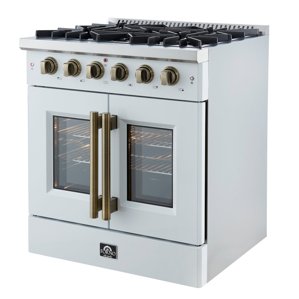 Forno Galiano 30-inch French Door Gas Range White with Antique Brass Design, 5 Burners, 68,000 BTU, 4.32 cu.ft. Convection Oven - BonPrix Électroménagers