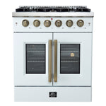 Forno Galiano 30-inch French Door Gas Range White with Antique Brass Design, 5 Burners, 68,000 BTU, 4.32 cu.ft. Convection Oven - BonPrix Électroménagers