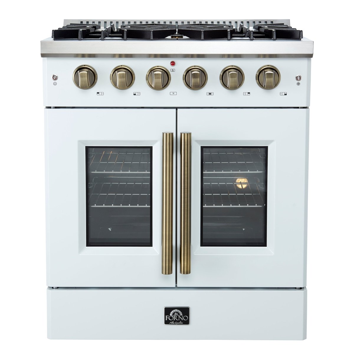 Forno Galiano 30-inch French Door Gas Range White with Antique Brass Design, 5 Burners, 68,000 BTU, 4.32 cu.ft. Convection Oven - BonPrix Électroménagers
