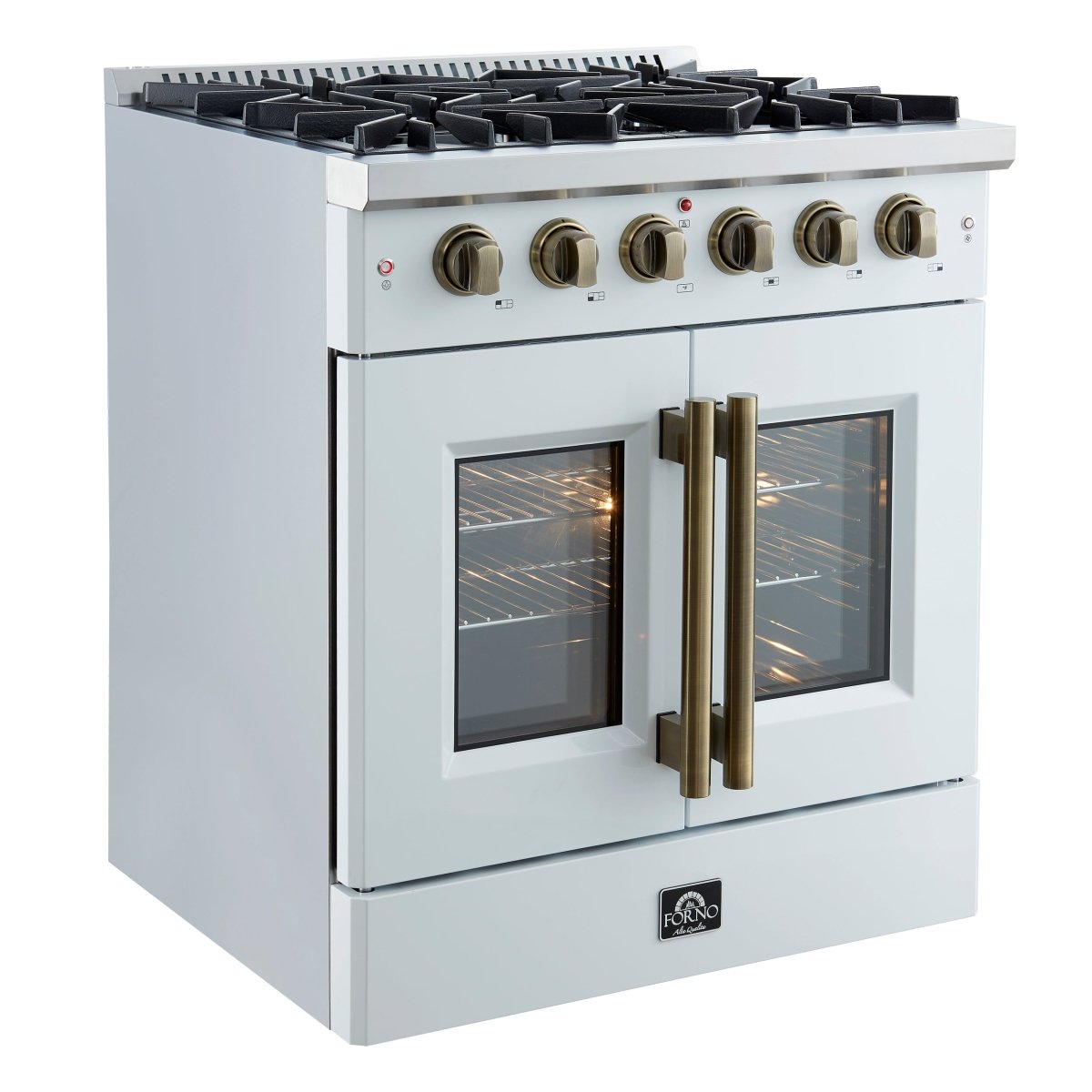 Forno Galiano 30-inch French Door Gas Range White with Antique Brass Design, 5 Burners, 68,000 BTU, 4.32 cu.ft. Convection Oven - BonPrix Électroménagers
