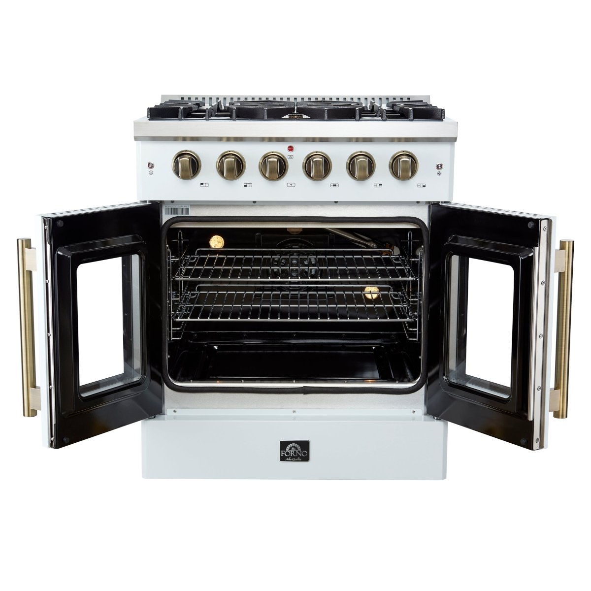 Forno Galiano 30-inch French Door Gas Range White with Antique Brass Design, 5 Burners, 68,000 BTU, 4.32 cu.ft. Convection Oven - BonPrix Électroménagers