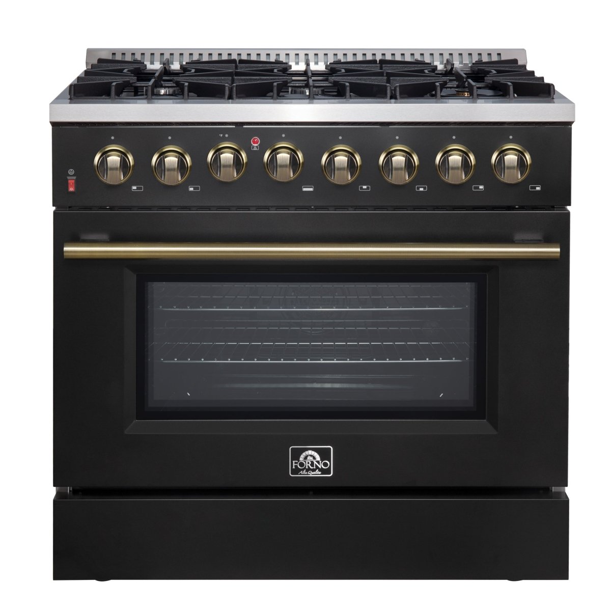 Forno Galiano 36-inch Dual Fuel Range in Black & Antique Brass Design, 6 Sealed Burners 83,000 BTU, 5.36 cu.ft. True Convection Oven - BonPrix Électroménagers