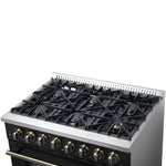 Forno Galiano 36-inch Dual Fuel Range in Black & Antique Brass Design, 6 Sealed Burners 83,000 BTU, 5.36 cu.ft. True Convection Oven - BonPrix Électroménagers