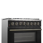 Forno Galiano 36-inch Dual Fuel Range in Black & Antique Brass Design, 6 Sealed Burners 83,000 BTU, 5.36 cu.ft. True Convection Oven - BonPrix Électroménagers