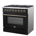 Forno Galiano 36-inch Dual Fuel Range in Black & Antique Brass Design, 6 Sealed Burners 83,000 BTU, 5.36 cu.ft. True Convection Oven - BonPrix Électroménagers