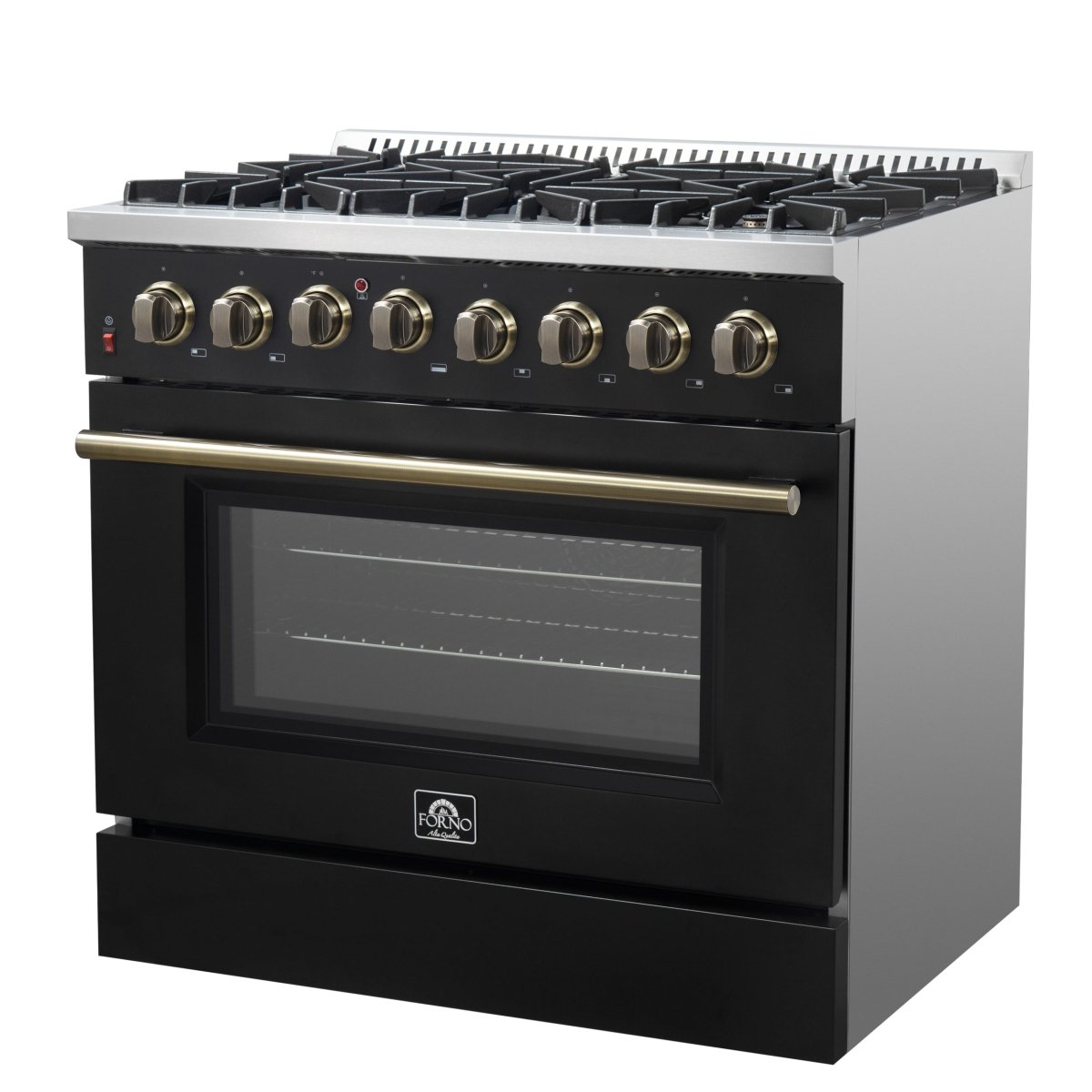 Forno Galiano 36-inch Dual Fuel Range in Black & Antique Brass Design, 6 Sealed Burners 83,000 BTU, 5.36 cu.ft. True Convection Oven - BonPrix Électroménagers