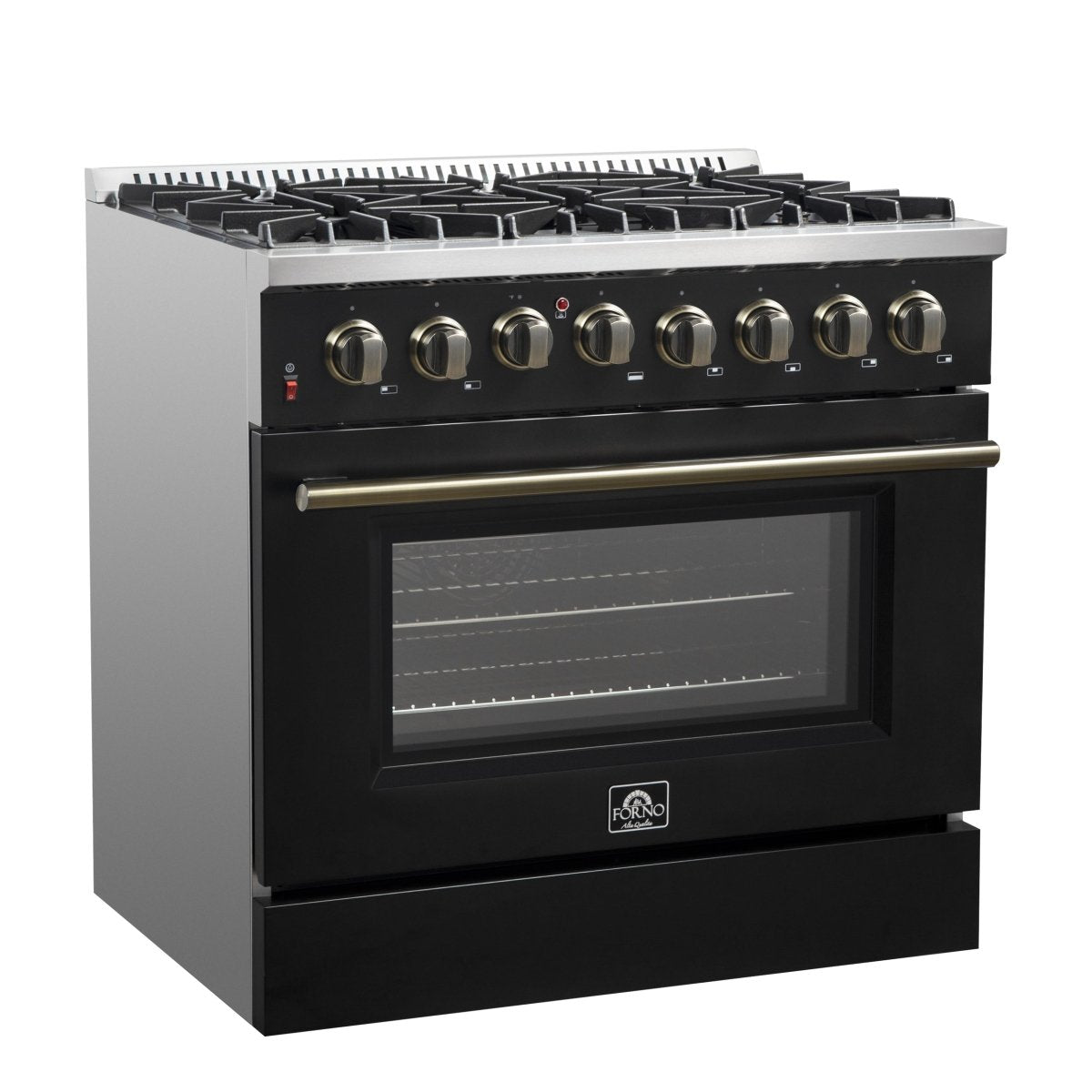 Forno Galiano 36-inch Dual Fuel Range in Black & Antique Brass Design, 6 Sealed Burners 83,000 BTU, 5.36 cu.ft. True Convection Oven - BonPrix Électroménagers