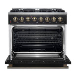 Forno Galiano 36-inch Dual Fuel Range in Black & Antique Brass Design, 6 Sealed Burners 83,000 BTU, 5.36 cu.ft. True Convection Oven - BonPrix Électroménagers