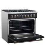 Forno Galiano 36-inch Dual Fuel Range in Black & Antique Brass Design, 6 Sealed Burners 83,000 BTU, 5.36 cu.ft. True Convection Oven - BonPrix Électroménagers