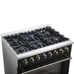 Forno Galiano 36-inch Dual Fuel Range in Black & Antique Brass Design, 6 Sealed Burners 83,000 BTU, 5.36 cu.ft. True Convection Oven - BonPrix Électroménagers