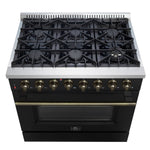 Forno Galiano 36-inch Dual Fuel Range in Black & Antique Brass Design, 6 Sealed Burners 83,000 BTU, 5.36 cu.ft. True Convection Oven - BonPrix Électroménagers