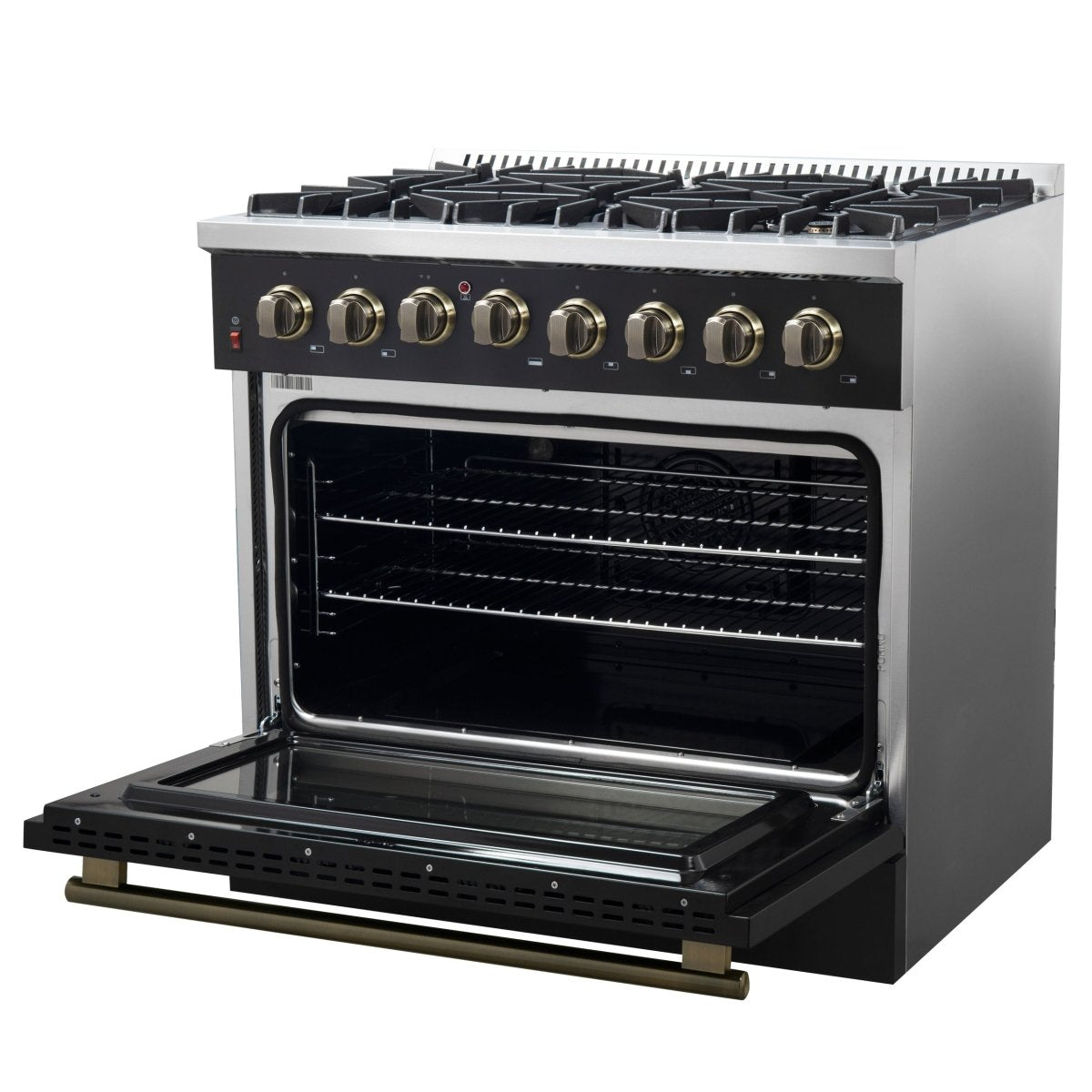 Forno Galiano 36-inch Dual Fuel Range in Black & Antique Brass Design, 6 Sealed Burners 83,000 BTU, 5.36 cu.ft. True Convection Oven - BonPrix Électroménagers