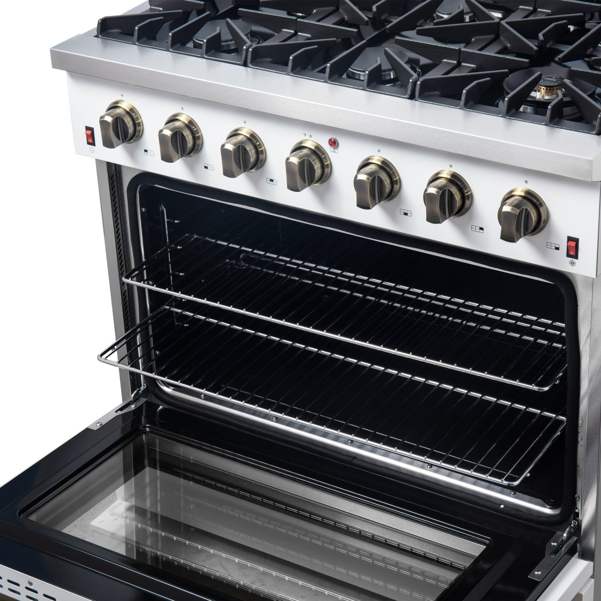 Forno Galiano 36-inch Freestanding Gas Range in White with Antique Brass Design, 6 Burners, 83,000 BTU, 5.36 cu.ft. Convection Oven - BonPrix Électroménagers