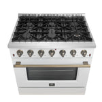 Forno Galiano 36-inch Freestanding Gas Range in White with Antique Brass Design, 6 Burners, 83,000 BTU, 5.36 cu.ft. Convection Oven - BonPrix Électroménagers