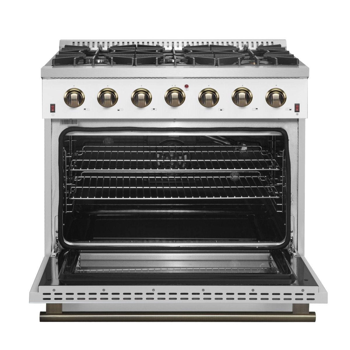 Forno Galiano 36-inch Freestanding Gas Range in White with Antique Brass Design, 6 Burners, 83,000 BTU, 5.36 cu.ft. Convection Oven - BonPrix Électroménagers