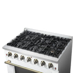 Forno Galiano 36-inch Freestanding Gas Range in White with Antique Brass Design, 6 Burners, 83,000 BTU, 5.36 cu.ft. Convection Oven - BonPrix Électroménagers