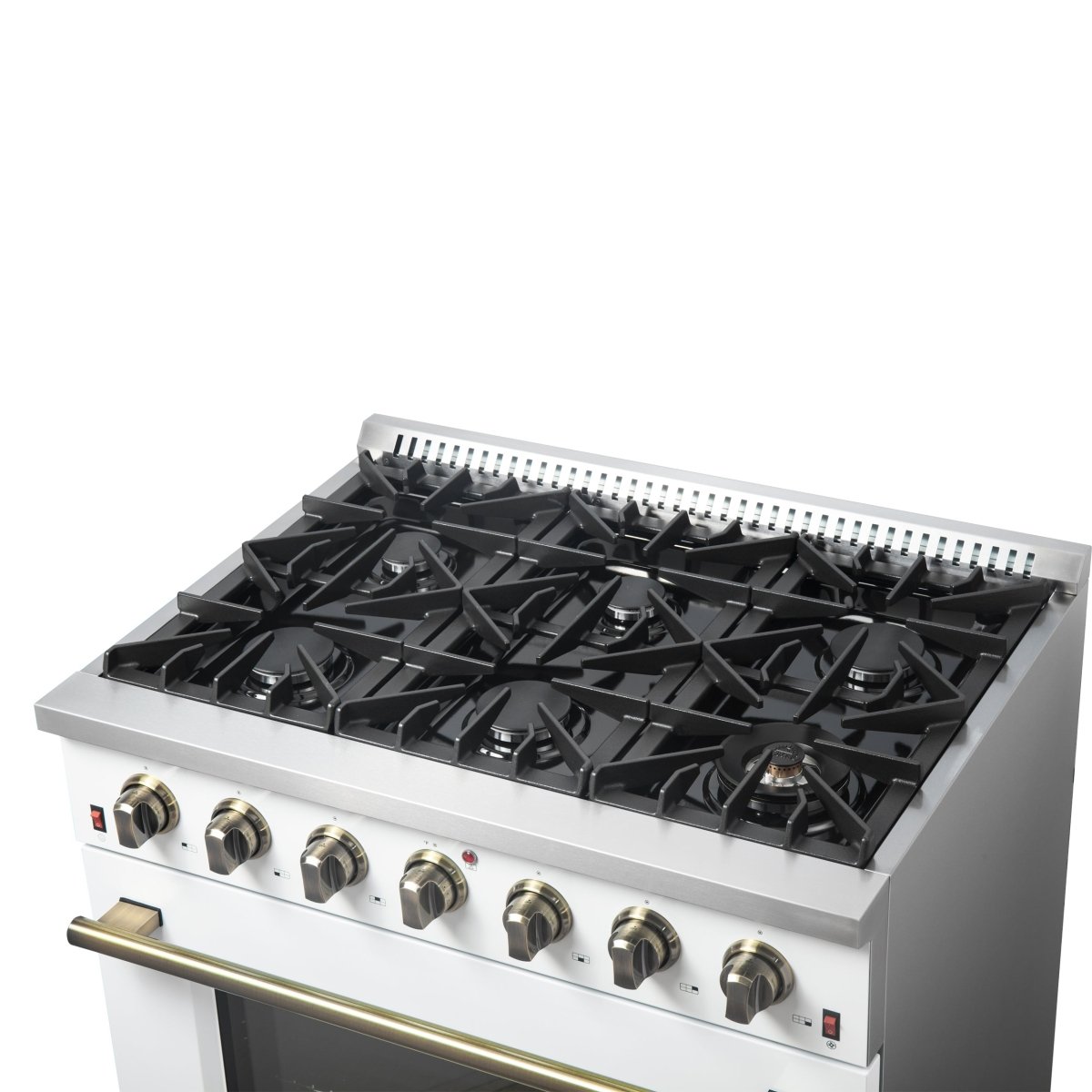 Forno Galiano 36-inch Freestanding Gas Range in White with Antique Brass Design, 6 Burners, 83,000 BTU, 5.36 cu.ft. Convection Oven - BonPrix Électroménagers