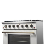 Forno Galiano 36-inch Freestanding Gas Range in White with Antique Brass Design, 6 Burners, 83,000 BTU, 5.36 cu.ft. Convection Oven - BonPrix Électroménagers
