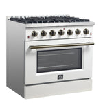 Forno Galiano 36-inch Freestanding Gas Range in White with Antique Brass Design, 6 Burners, 83,000 BTU, 5.36 cu.ft. Convection Oven - BonPrix Électroménagers