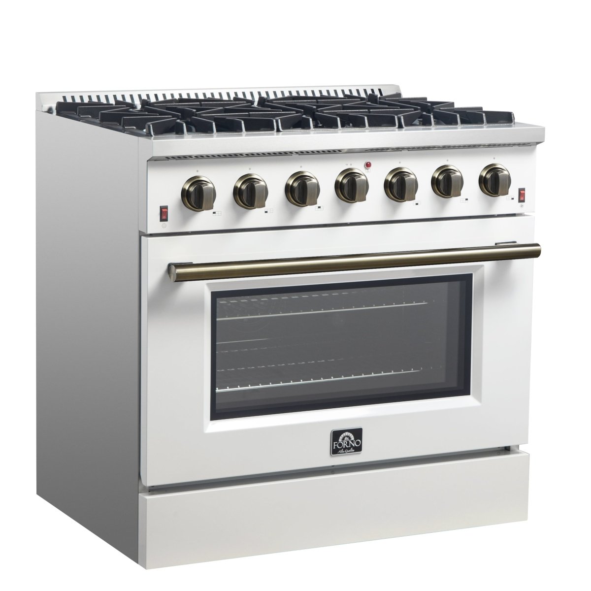 Forno Galiano 36-inch Freestanding Gas Range in White with Antique Brass Design, 6 Burners, 83,000 BTU, 5.36 cu.ft. Convection Oven - BonPrix Électroménagers